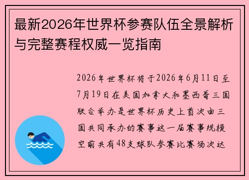 最新2026年世界杯参赛队伍全景解析与完整赛程权威一览指南